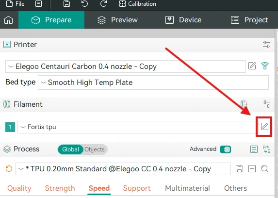 Slicer Filament panel with the edit (pencil) icon next to the selected filament highlighted