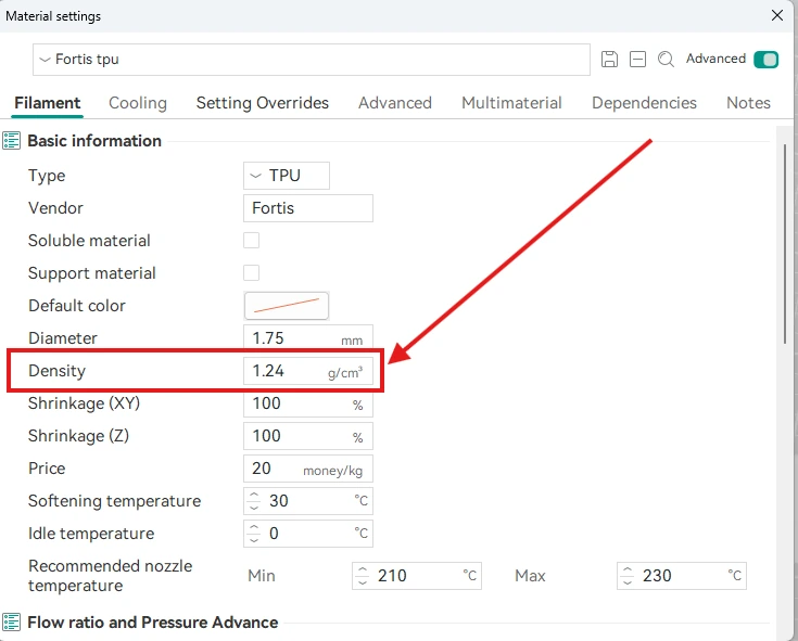Material settings Basic information tab with the Density field (grams per cubic centimetre) highlighted